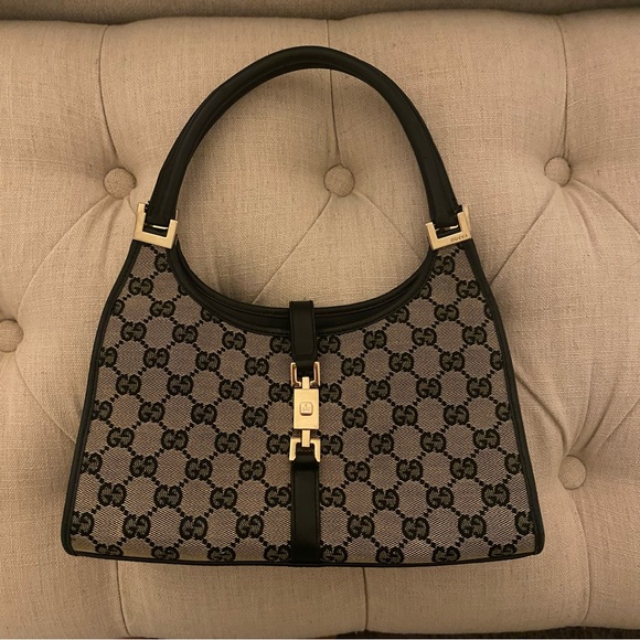 Vintage Gucci Jackie GG Monogram Canvas Leather Shoulder Bag